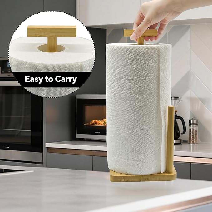 Paper Towel Holder Kitchen Roll Holder, Bamboo Paper Rolls Organizer Countertop with Non-Slip Base