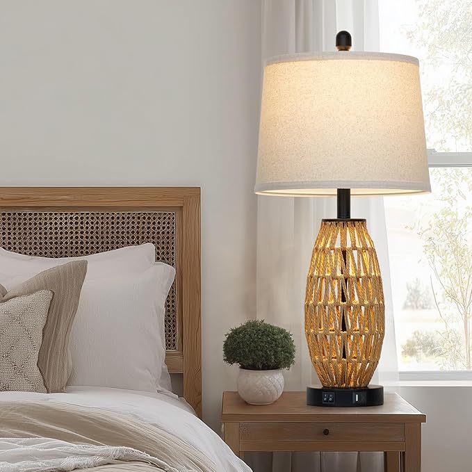 CINSARY 27" Boho Rattan Table Lamp with Night Light, Wicker Bedside Lamp with USB A+C Charging Port, Woven Coastal Bedroom Lamps for Nightstand, Tall Farmhouse Lamps for Living Room Single