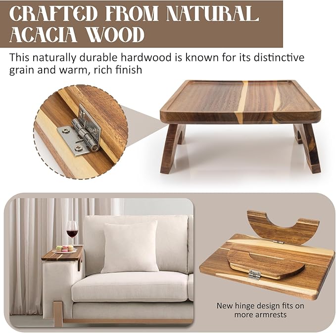 Acacia Wood Sofa Arm Tray, Folding Clip-On Couch Arm Tray, Sofa Armrest Trays for Drinks, Snacks, Phone, Remote Control