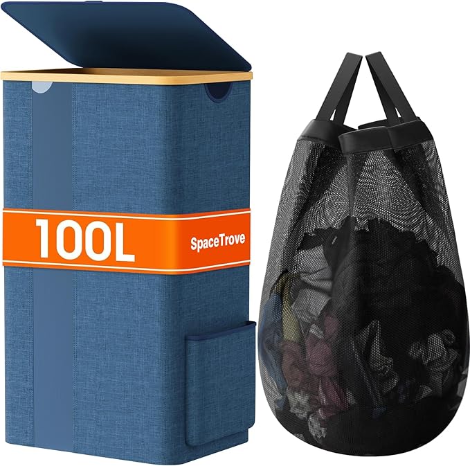 SpaceTrove Laundry Basket Clothes Hamper with Lid and Pocket Large Collapsible Laundry Baskets with Handle, Freestanding Hampers for Bedroom Aesthetic, Dorm, Bathroom, Laundry Room (100L,Light Blue)