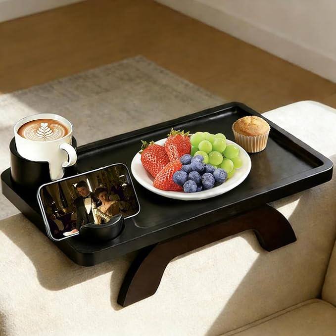 DUMOS Couch Arm Tray, 3 in 1 Clip on Sofa Arm Tray with 360° Rotating Phone Holder, Foldable Couch Armrest Table for Drinks & Snacks, Black