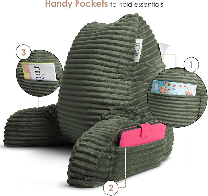Nestl Olive Green Reading Pillow with Bed Desk for Laptop and Writing, Luxe Cut Plush Back Pillow for Sitting Up, Back and Arms Adjustable Support for Adult and Teens, Foldable Lap Desk for Bed 22x14”