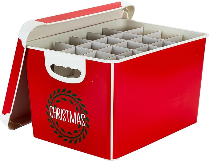 Simplify Christmas Wreath Design Holiday Tote Bin Ornament Storage | Dimensions: 15.4"x 11.4"x 9.25" | Holds 60 Ornaments | Red | Removable Lid | Easy Carry Handles |