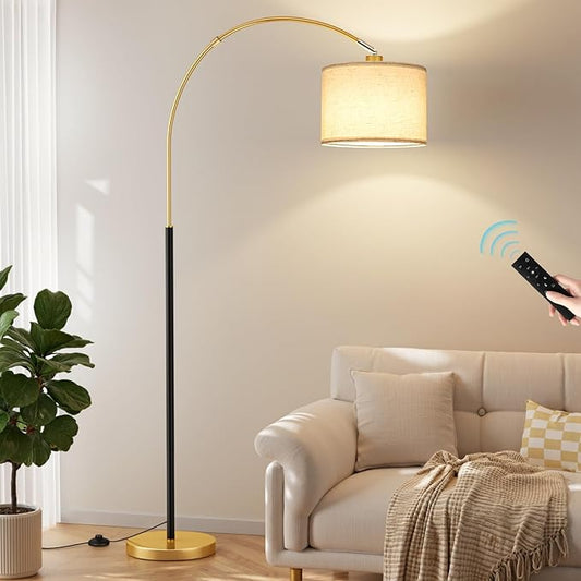 Ambimall Dimmable Arc Floor Lamp with Remote, Color Temperatures and Brightness Adjustable, Arched Floor Lamp with Rotating Head, Over Couch Arched Reading Light for Living Room (Black and Gold)