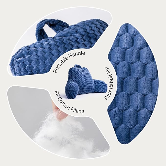 Faux Fur Reading Pillow for Bed Adults, Ultra Soft Plush Floor Backrest Pillow with Side Pockets for Bed & Couch, Perfect for Reading, Watching TV, Gaming, Relaxing, Blue
