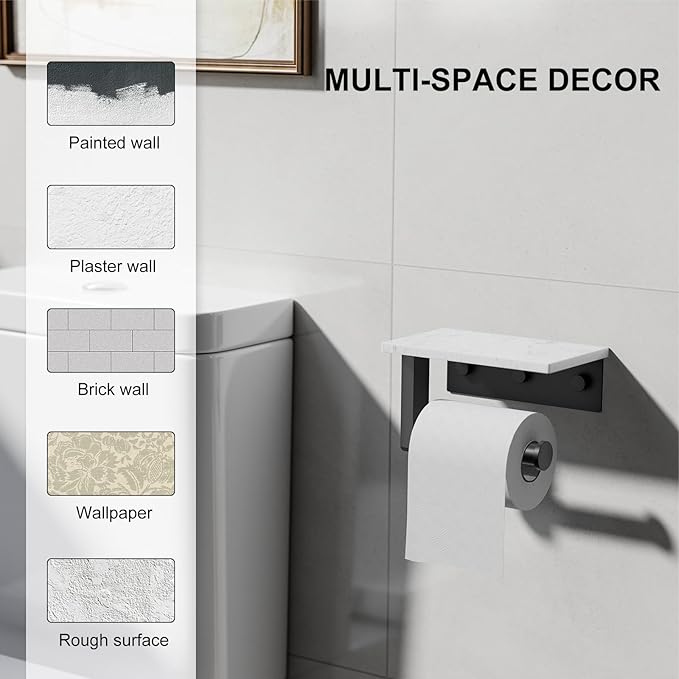 Toilet Paper Holder with Marble Shelf, 304 Stainless Steel Tissue Hand Holder Wall Mounted Toilet Paper Roll Hold with Phone Shelf for Bathroom Kitchen Washroom Bedroom, Matte Black
