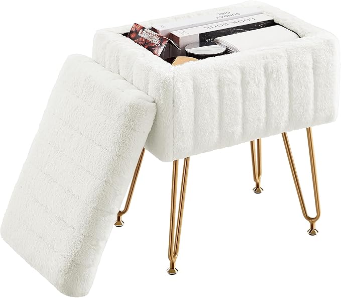 DUMOS Vanity Stool Chair Ottoman with Storage, Makeup Cute Soft Small Footstool Modern Style Faux Fur Seat with 4 Metal Legs & Adjustable Feet for Dressing Living Room Bedroom Dorm