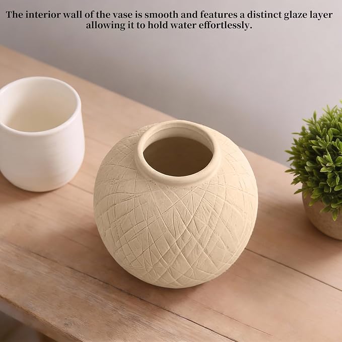 Carved Rustic Farmhouse Vase Home Decor - 6 in Ceramic Boho Decorative Vase for Decor, Round Clay Beige Terracotta Bowl vase for Living Room, Table, Shelf, Centerpieces