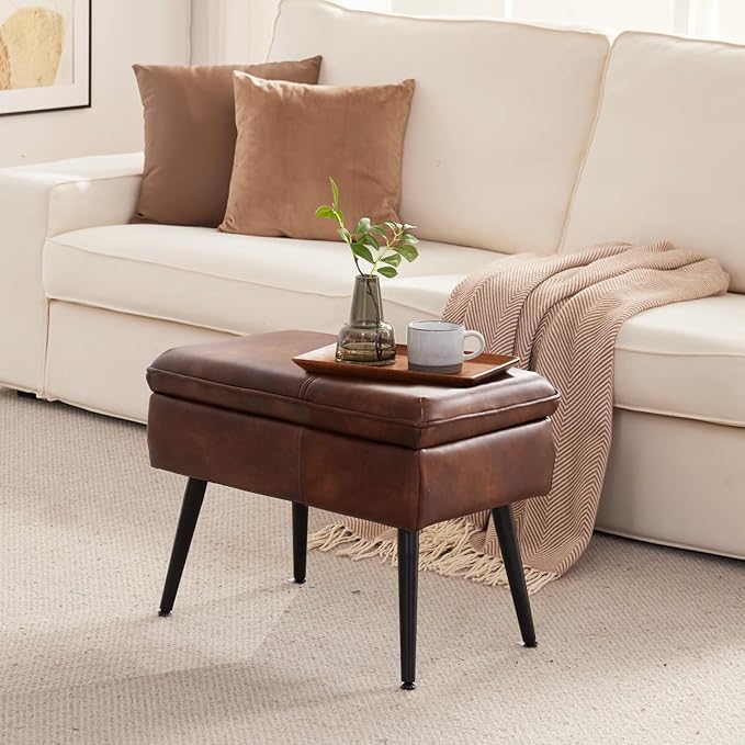 Storage Ottoman Upholstered Stool with Padded Seat, Tufted Vanity Stool with Metal Legs, Accent Stool, Faux Leather, Retro Brown