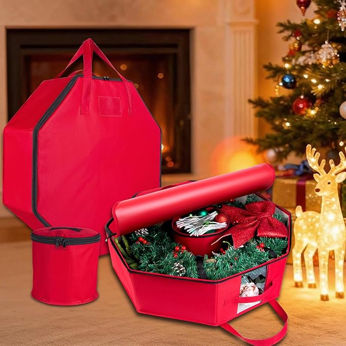 BrilliantJo 2 Pack Wreath Storage Hard shell Christmas Decorations Case Bag with Interior Pockets 600D Oxford Fabric 24 Inch Xmas Container Box for holiday Zipper and Handles Labeling Card Slot Red