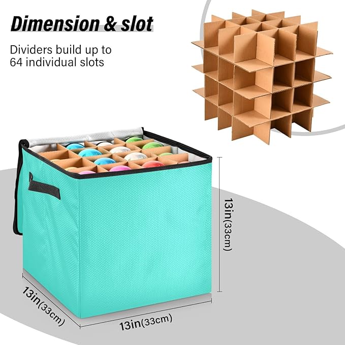 Turquoise Teal Blue Christmas Ornament Storage Basket Box Holiday Storage Container Cube with Adjustable Dividers for 64 Holiday Ornaments or Decorations Keeps Clean and Dry for Next Season