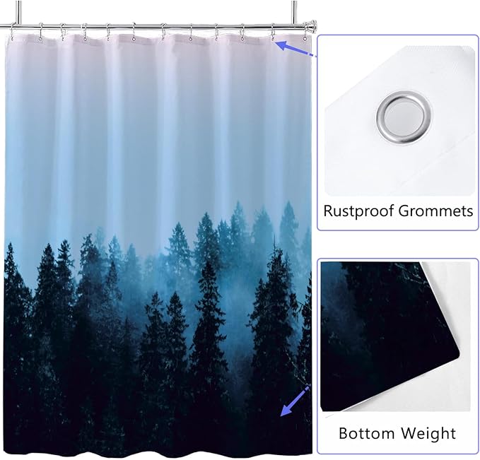LLSCL Fabric Shower Curtain Liner with Magnets, Blue Forest Waterproof Hotel Quality, 72 x 72 Machine Washable