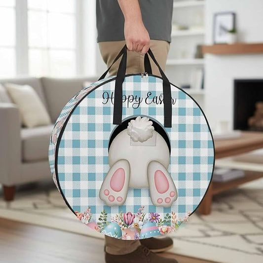 24 Inch Round Storage Bag 1 Pack,Easter Day Bunny Tail Blue Check Waterproof Wreath Storage Container with Handles&Zipper Spring Cute Rabbit White Grid Closet Organizer Bags Garland Box