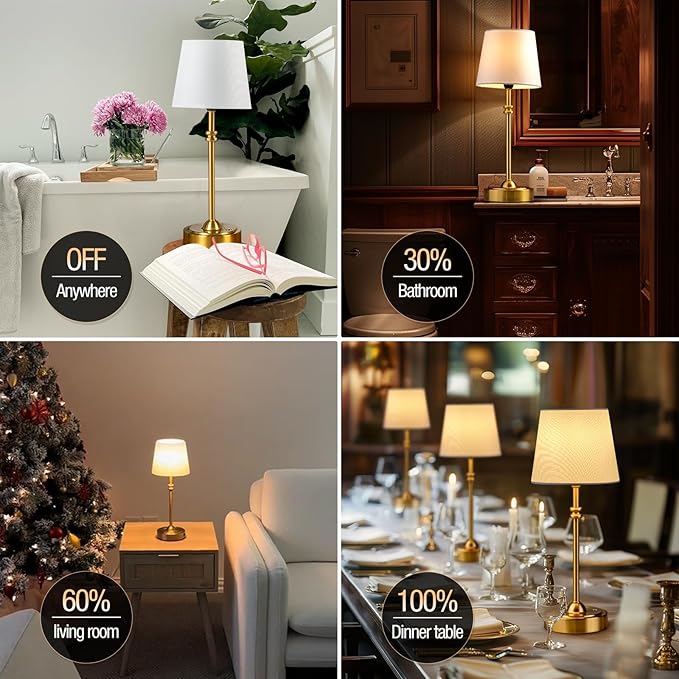 ONEWISH Cordless Lamp-Battery Operated Table lamp, 4000mAh Rechargeable, Stepless Dimmable, Small Touch Bedside Lamp with Fabric Shade, for Dining, Patio, Bathroom(Gold)