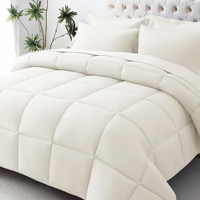 JOLLYVOGUE Twin XL Comforter Set, Ultra-Soft Bed in a Bag Twin XL Size 5 Pieces, Oeko-TEX Certified Bedding Set with Down Alternative Comforter, Sheets, Pillowcases & Shams, Ivory