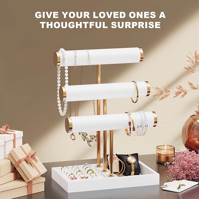 Abiglifty 3 Tier Necklace Holder Display, Jewelry Organizer, Jewelry Stand, Bracelet Display, Necklace Organizer, Bracelet holder, Jewelry Display for Necklace, Watches, Rings, white