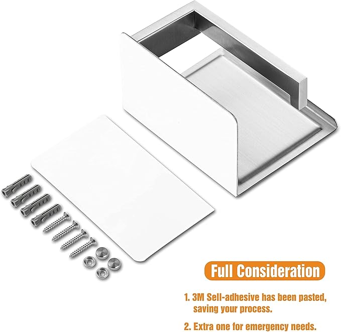 HITSLAM Brushed Nickel Silver Toilet Paper Holder, Stick on Silver Toilet Paper Holder with Shelf, Self Adhesive No Drill or Wall-Mount with Screws for Bathroom
