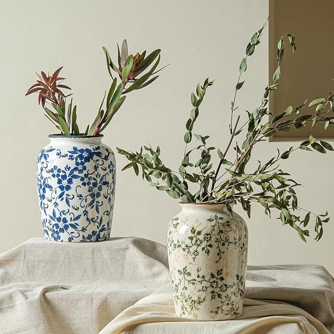 for Mom from Daughter or Son, Vintage Pastoral Green Round Ceramic Vase 7.8”, Ice Crack Chinoiserie Floral Vase, Rustic Decor for Living Room, Bookshelf, Office, Table Centerpiece