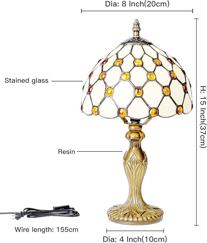 8" Tiffany Style Table Lamp, Yellow Beads Small Stained Glass Night Lamp, Handmade Desk Bedside Antique Light for Living Room, Bedroom and Study, Ideal Art Gift for Family & Friends
