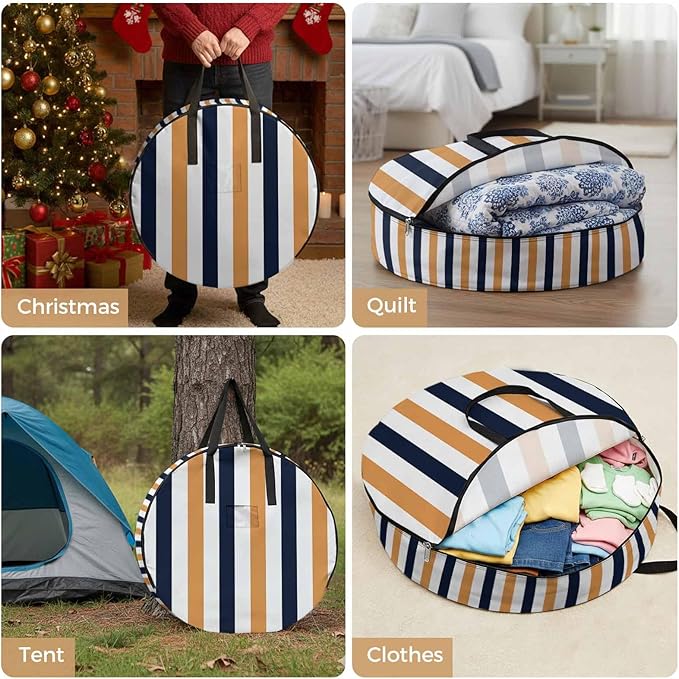 Storage Bag Navy Blue Stripes Round Storage Totes Bins Closet Organizers with Zippers & Handle Orange Contrast Striped Clothes Storage Container for Bedroom Dorm Space Saving Packing Supplies Bags