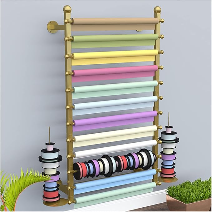 Ribbon Display Storage Organizer Wire Spool Rack Wrapping Paper Shelf Wall Mounted,Detachable Ribbons Tray&Removable Crossbars,Gold,120X20X120Cm