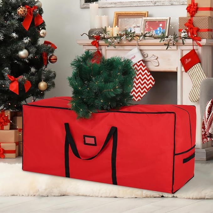 combocube Large Christmas Tree Storage Bag 7.5 ft, 600D Oxford Fabric Heavy Duty Christmas Tree Container, Waterproof Xmas Artificial Tree Storage Box with Reinforced Handles and Dual Zippers, Red