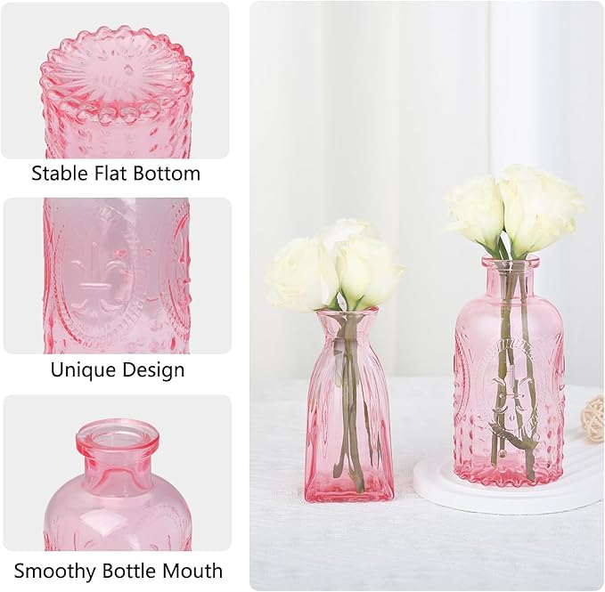 RUCKAE 22 Pack Pink Small Vases Glass Mini Bud Vase in Bulk Vintage Pink Flower Vases for Wedding,Centerpieces Home Decor and Party