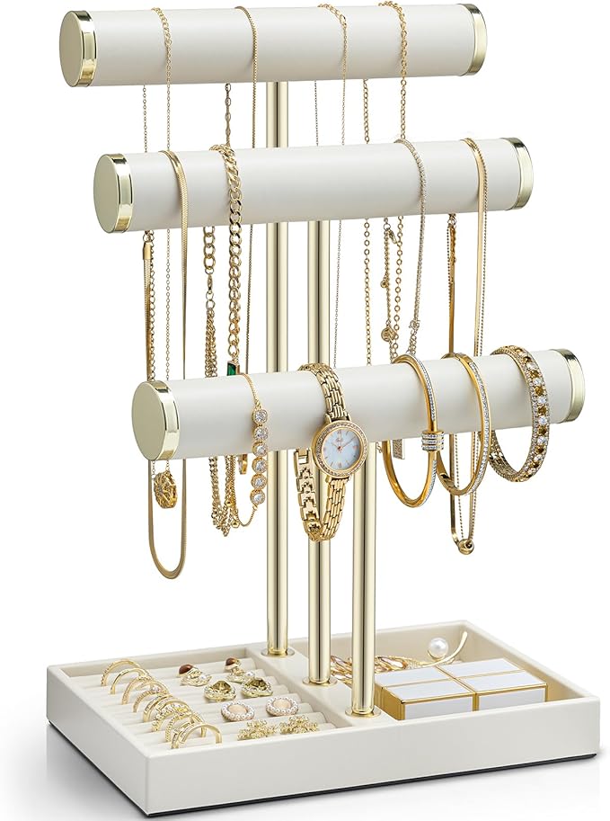 VLANDO 3 Tier Bracelet Holder Organizer with Tray - Mothers Day Gifts Leather Jewelry Stand Organizer for Mom - Jewelry Holder Display for Necklace, Watches, Rings, Earrings, Scrunchie - Cloud White
