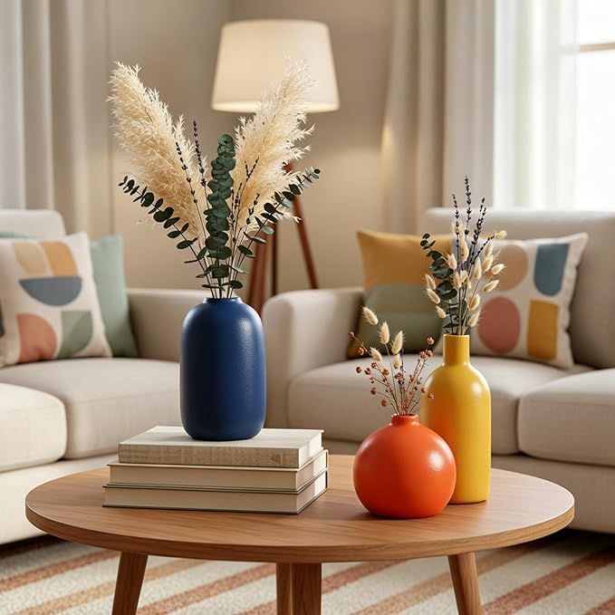 Colorful Ceramic Vase Set, Small Burnt Orange Blue Yellow Vases Home Decor,Fall Décor Modern Farmhouse Vases for Home Decor, Organic Decor Accents for Living Room, Table, Shelf, Entryway, Set of 3