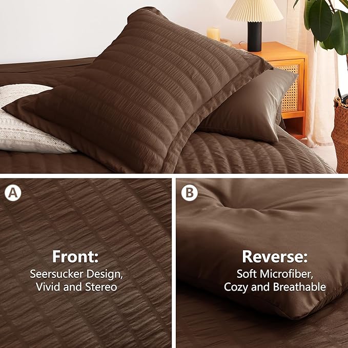 CozyLux Oversized King Comforter Set Brown Seersucker 7 Pieces 120x98 Bed in a Bag Comforter Set with Sheets, Luxury Soft Bedding Sets with Down Alternative Comforter, Sheets, Pillowcases & Shams