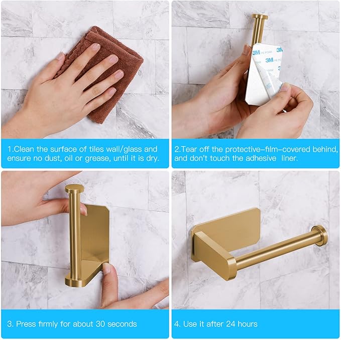 VAEHOLD Toilet Paper Holder Self Adhesive Kitchen Washroom Adhesive Toilet Roll Holder No Drilling for Bathroom Stick on Wall Stainless Steel Brushed (Gold)