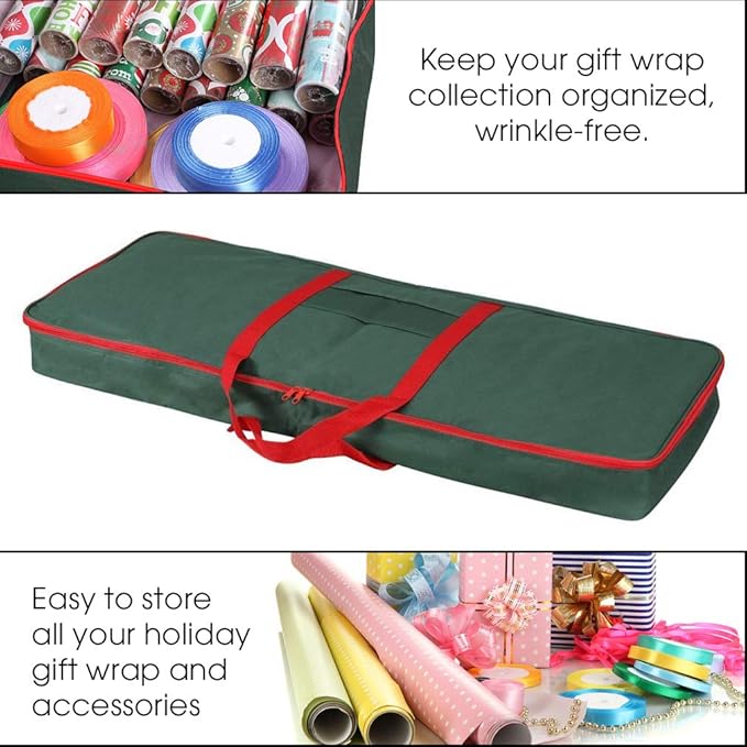 Primode Christmas Wrapping Paper Storage Box with Pockets | Long Gift Wrap Storage Container Bag (37” x 14” x 4”) Constructed of Durable 600D Oxford Material (Green)