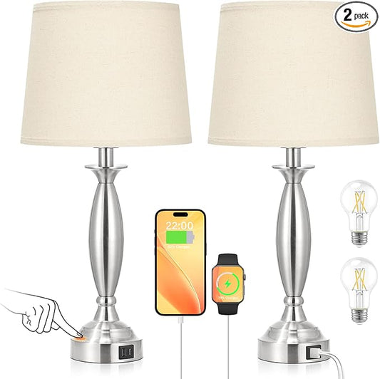 Seealle Beige Lamps for Bedrooms Set of 2 - Touch Control Bedside Lamp with USB C+A, 3 Way Dimmable Nightstand Lamps with USB Port, Table Lamp for Living Room(Beige Shade and Nickel Base)