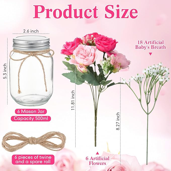 Zeyune Mason Jar Centerpiece Table Decorations, Artificial Peony Baby's Breath Flower Bouquets, Faux Flowers with Vase, Rustic Decor Gifts for Home, Wedding, Holiday(6 Sets,Pink Mix)