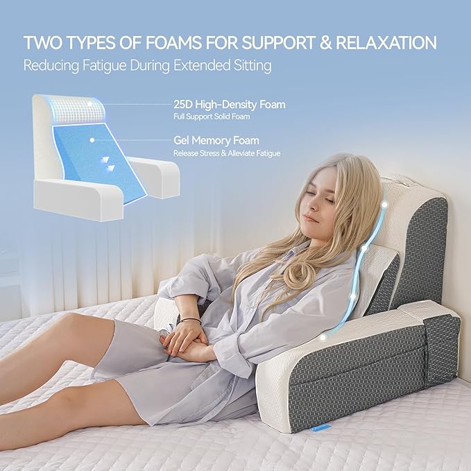 Kayfia Reading Pillow, 10 in 1 Back Pillow for Bed Sitting up with Detachable Arms Rest, Back Rest Pillow with Gel Memory Foam,for Reading/Gaming/Working in Bed or Couch 19", White