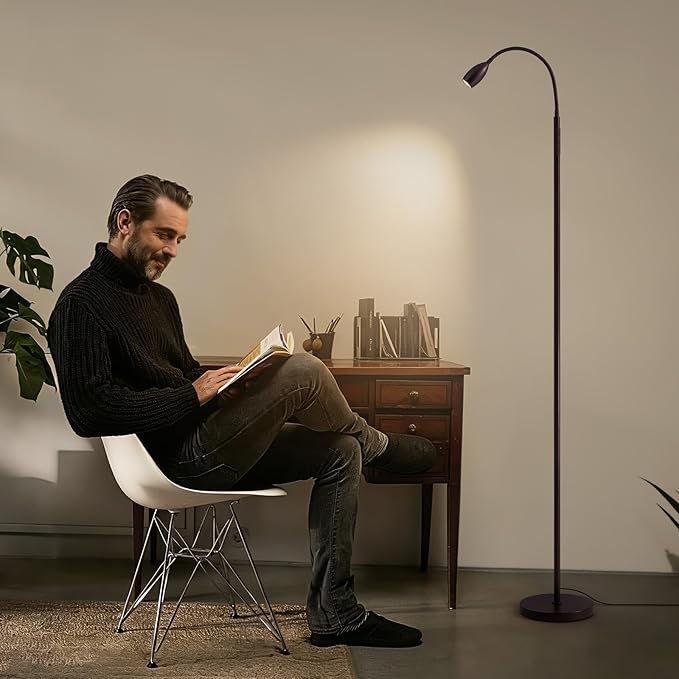 Reading Floor Lamp, Dimmable LED Floor Lamp with Remote, Standing Lamp with Flexible Gooseneck, Zoomable Spotlight, Reading light, Task Crafting Tall Lamps for Living Room Office Bedroom(Brown)