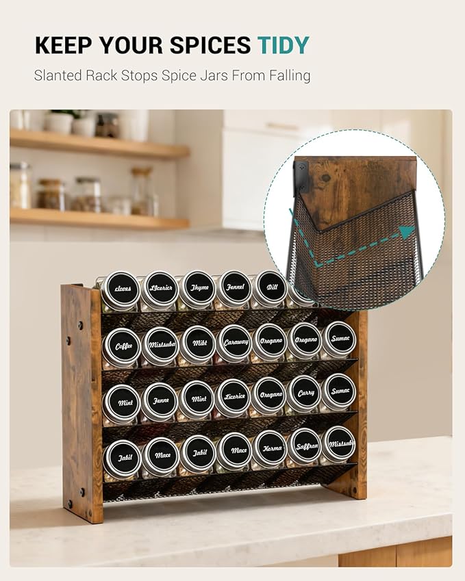 NESAPTO Spice Rack Organizer with 28 Spice Jars, Wooden Vertical Seasoning Organizer with Labels, Chalk Marker and Funnel Set for Cabinet, Kitchen Pantry, Countertop/Wall Mount, 14" W × 9.4" H
