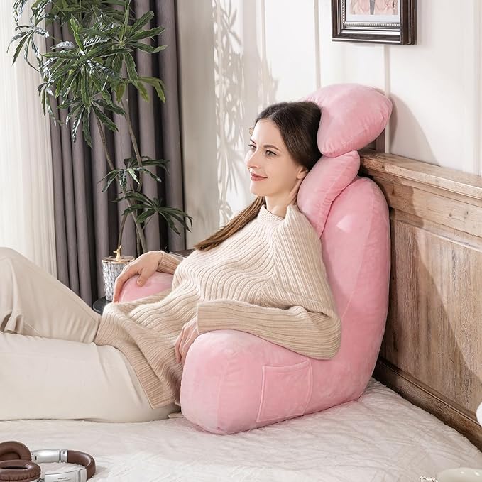 NOONTIDE Reading Pillow for Sitting up in Bed and Couch,32" X-Large Back Pillow for Adult & Teens with Soft Adjustable Neck Roll Backrest Pillow,Washable Cover,Watching TV/Gaming/Relaxing(Pink)