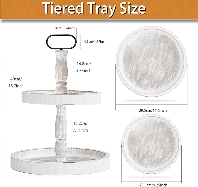 Decorative Tray - Two Tiered Tray Cupcake Stand Farmhouse Rustic 2 Tiered Serving Tray for Home and Kitchen Decor, Party, Weddings-Holiday Decoration Customizable Display Options(White)