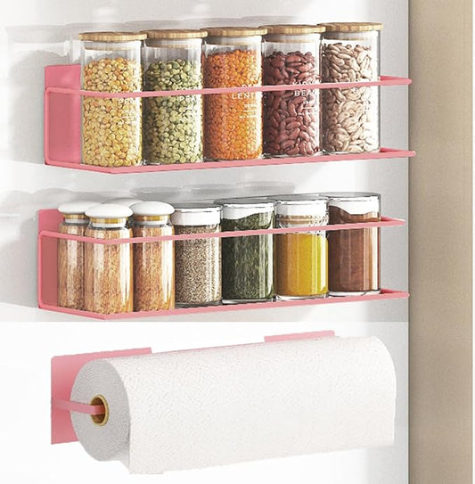 Magnetic Spice Rack For Refrigerator, Space Saving Magnetic Shelf For Fridge Pink 2 Pack With Magnetic Paper Towel Holder