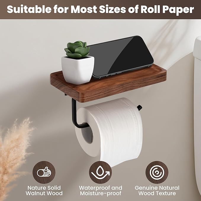 Toilet Paper Holder with Walnut Wood Shelf - Wall Mount & Self-Adhesive Bathroom Tissue Holder, Black Stainless Steel with Walnut Shelf for Phone - Home Apartment Restroom Decor Essentials