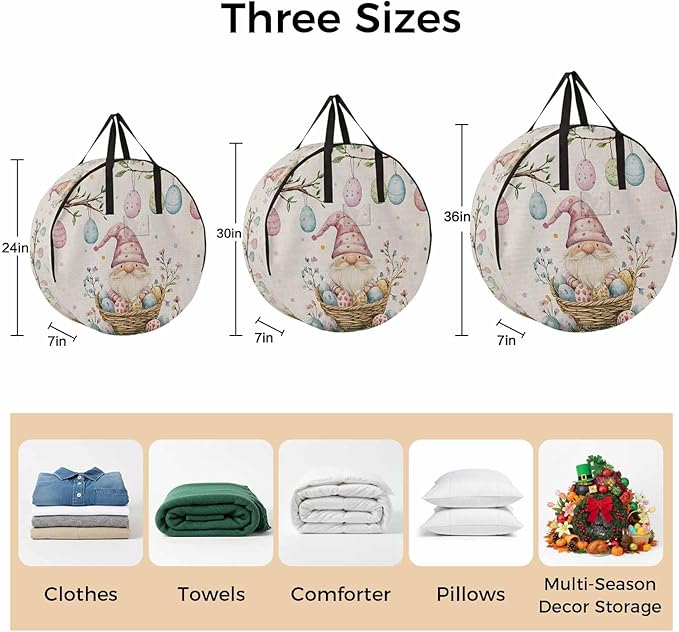 Easter Basket Gnome Round Storage Bag 30 Inch, Vintage Pink Blue Eggs Branch Spring Floral Linen Clothes Storage Container with Handles Heavy Duty Organizer for Comforter, Bedding & Holiday Wreaths