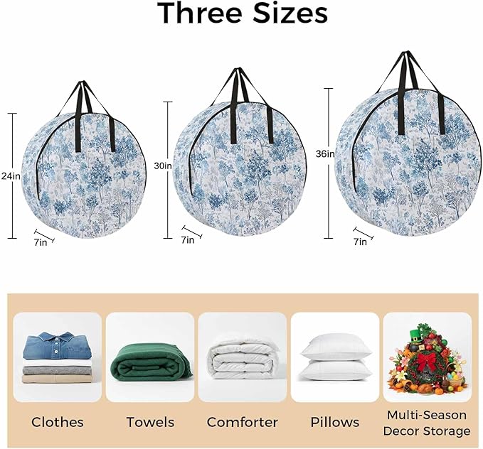 Storage Bag Maple Tree Pine Round Storage Totes Bins Closet Organizers with Zippers & Handle Watercolor Plants Blue Clothes Storage Container for Bedroom Dorm Space Saving Packing Supplies Moving Bags