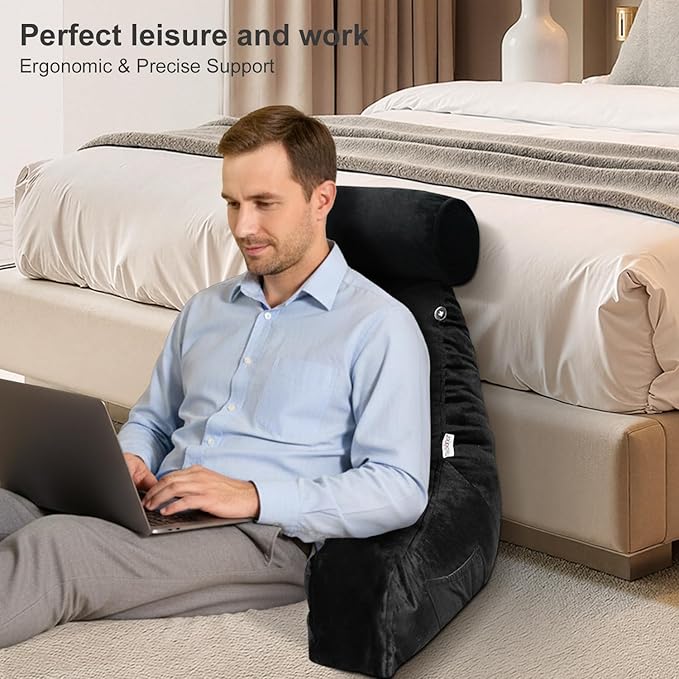 Reading Pillow for Sitting in Bed Adult with Detachable Neck Roll & Big Backrest Pillow for Bed Sitting up with Arms Side Pocket Shredded Foam Large Back Chair Pillow with Washable Cover