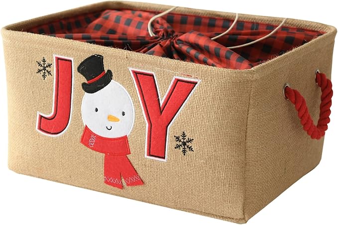 INough Christmas Basket Large Christmas Baskets for Gift Empty with Handles, Christmas Gift Baskets Collapsible Gift Basket Empty Christmas Decor for Kidsroom Nursery Play Room (Medium, Joy)