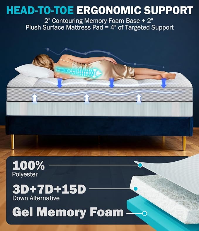 Dual Layer 4 Inch Memory Foam Mattress Topper King Size, 2" Cooling Gel Memory Foam & 2" Pillow Top, Mattress Pad Cover for Back Pain Relief, Deep Elastic Pocket, Medium Support, White