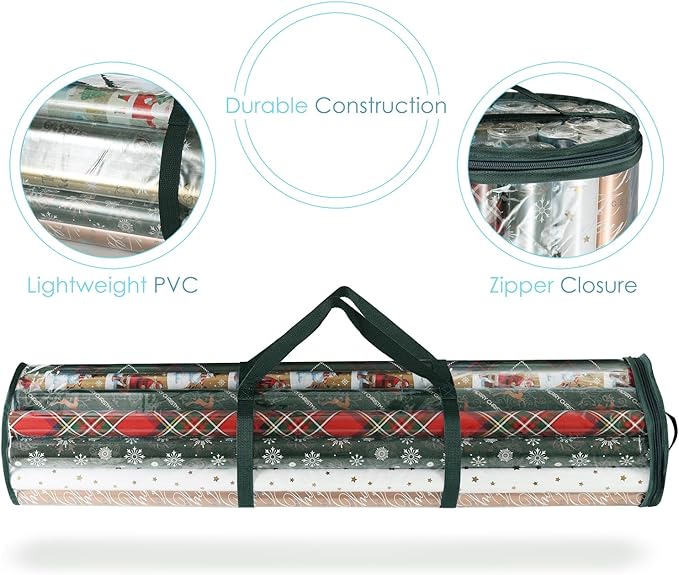 Hearth & Harbor Wrapping Paper Storage Container - Clear Wrapping Paper Holder Fits Up To 14 Rolls of 40" - Tear Proof Gift Wrapping Organizer Storage - Premium Christmas Storage Bag For Easy Carrying