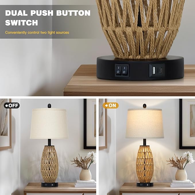 CINSARY 27" Rattan Table Lamps Set of 2, Boho Bedside Lamp for Bedroom with Night Light, Coastal Woven Wicker Nightstand Lamps with USB A+C Charging Port, Tall Farmhouse Living Room Lamp