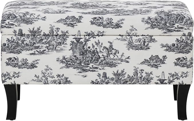 Linon Stephanie Black and White Toile Fully Upholstered Bench with Hidden Interior Storage