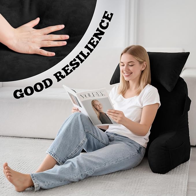 Unisakey Portable Reading Pillows with Headrest for Bed Sitting Up(Brown Oeko-Tex), Velvet Back Pillow with Arms & Pockets for Adults, Support Memory Foam Bed Pillow for Dorm/Reading/Watching/Gaming